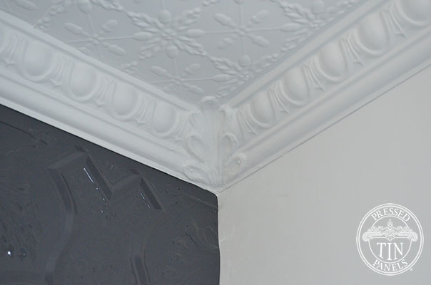 Pressed Tin Panels Acorn Ceiling and Egg & Darte Cornice featuring an Internal Leaf