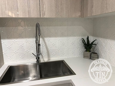 Pressed Tin Panels Clover Kitchen Splashback Bright White Sink