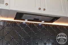 Pressed Tin Panels Clover Kitchen Splashback Steel Pearl range hood and over head cupboards