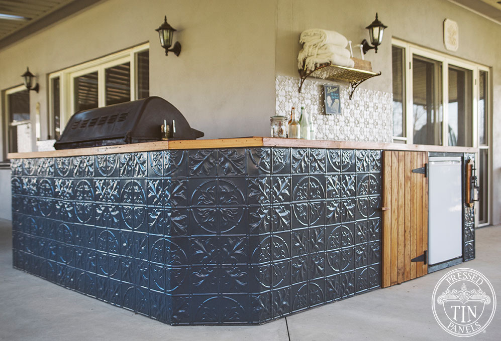 Large Maple pattern installed on this outdoor bar and painted dark blue