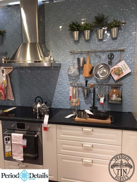 IKEA kitchen display features Pressed Tin Panels 'Original' pattern
