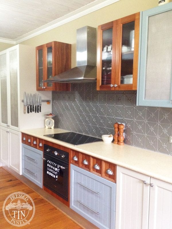 Pressed Tin Panels Clover pattern installed as a kitchen splashback