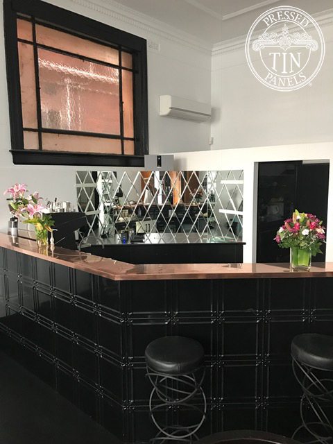 Pressed Tin Panels Maddington pattern in black gloss installed on bar at Circa 1929