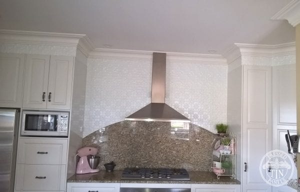 Pressed Tin Panels Original pattern in Interpon White Satin Powder Coat-Kitchen Feature Wall and Bench