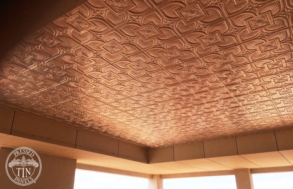 Pressed Tin Panels Alexandria pattern installed on ceiling of outdoor area