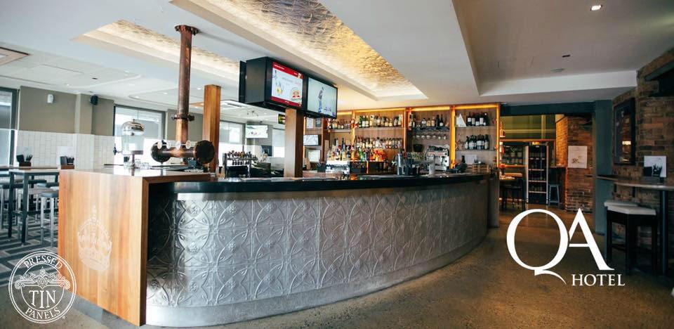 Pressed Tin Panels Carousel pattern installed in the bar front and ceiling at the QA Hotel in Brisbane QLD