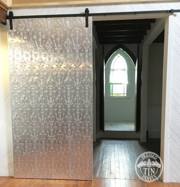 Pressed Tin Panels Lily Vertical installed on a sliding barn door