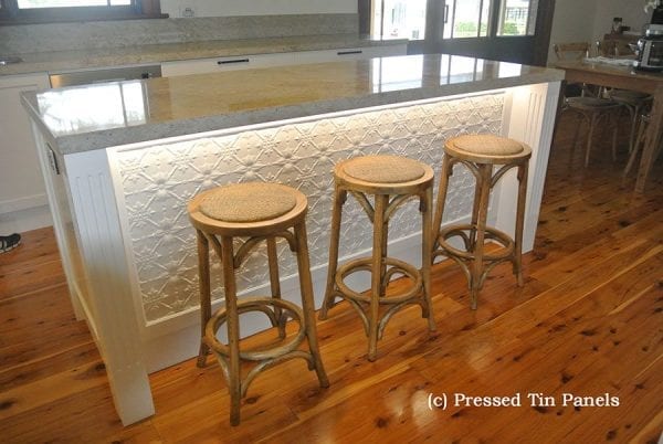 Pressed Tin Panels Original pattern powdercoated white installed under an island bench