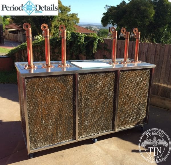 Pressed Tin Panels Savannah pattern with rust effect installed on a mobile bar