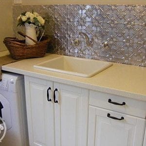 Image example of Pressed Tin Panels Original pattern in their natural state and installed as a laundry splashback