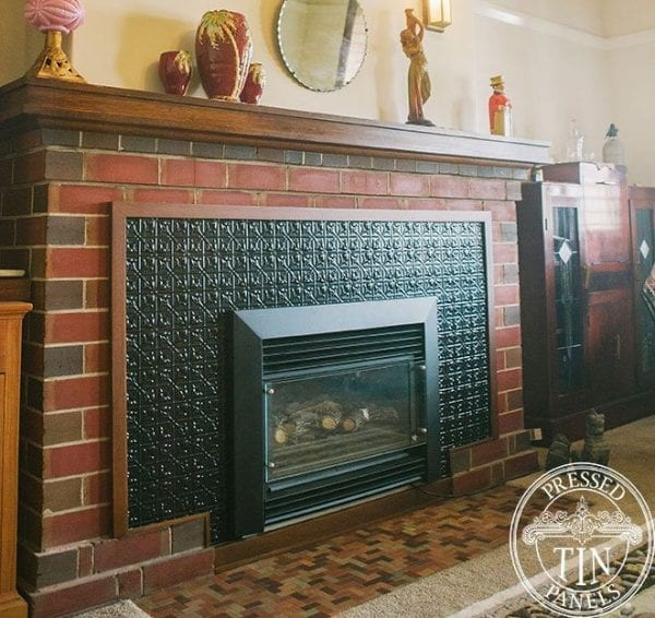 Installed image example of Pressed Tin Panels Lachlan Hearts design installed on mantle piece